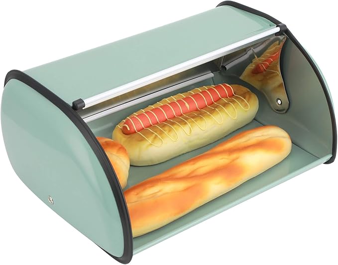 Roll Top Bread Box for Kitchen Counter - Metal Bin Retro Food Storage Container, 13"x9.4"x5.9" (Green)