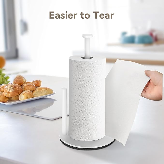Paper Towel Holder Countertop, White Kitchen Roll Holder Stand for Kitchen and Bathroom Organization, Weighted Stainless Steel Paper Towel Holders for Standard and Large Rolls