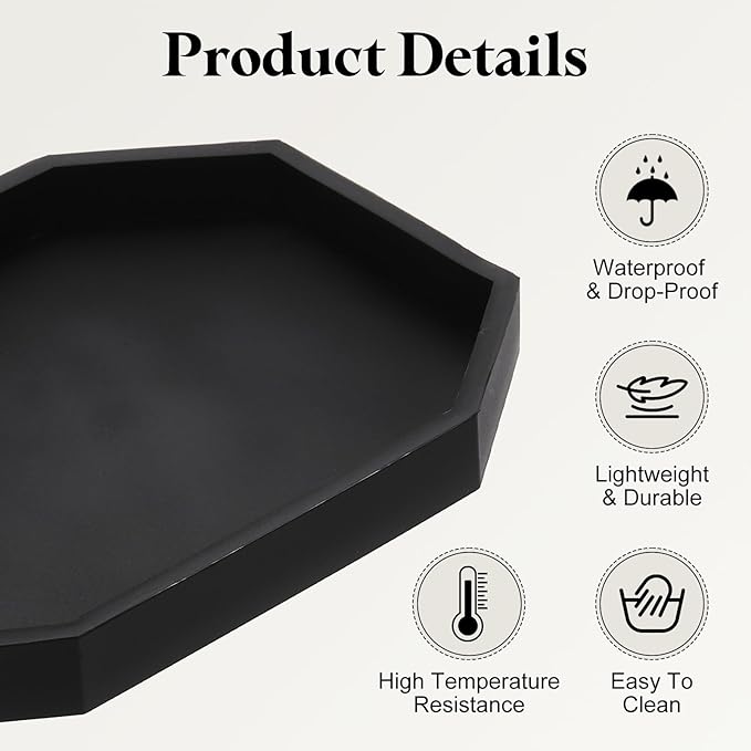 uxcell Bathroom Vanity Tray, 7.9" x 6" Octagon Silicone Soap Dispenser Trays, Shatterproof Kitchen Sink Organizer for Soaps Keys Candle Trinket, Black