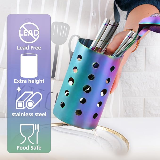 QRU Kitchen Utensil Holder for Countertop (H6.7” x W4.1”), Stainless Steel Cooking Utensil Caddy for Tools, Spatulas, Spoons, Silverware & More, Cooking Utensil Organizer, Kitchen Decor (Gold)