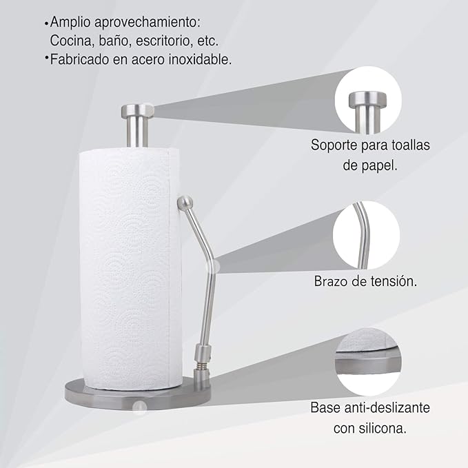 Stainless Steel Paper Towel Holder with Tension Arm – Heavy Weighted Countertop Kitchen Roll Holder, One-Hand Tear Design, Modern Metal Paper Towel Stand