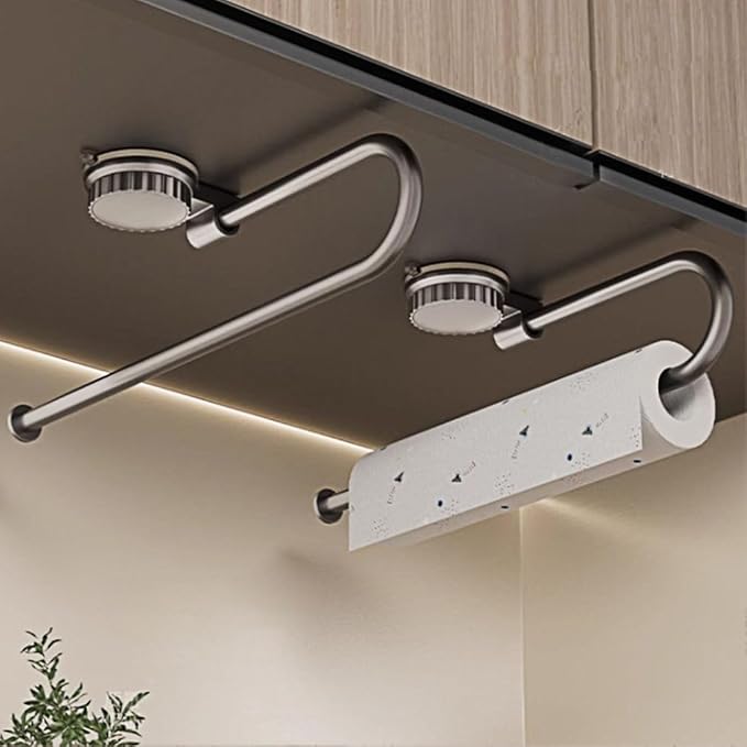 Paper Towel Holder Under Cabinet No Drilling, Suction Cup Metal Bathroom Towel Bar Wall Mount for Kitchen, RV, Bathroom