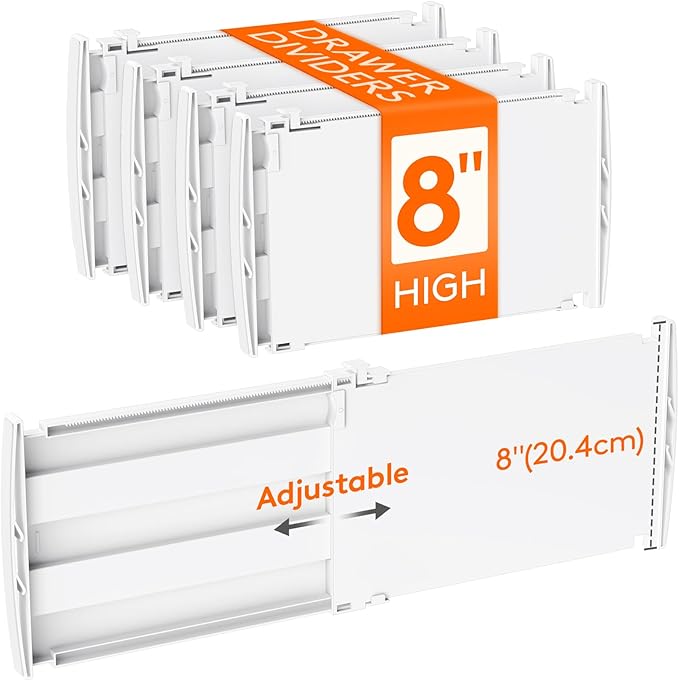 Lifewit 8" High 4 Pack Deep Drawer Dividers, 13.8-22.5" Adjustable Dresser Drawer Divider, White Drawer Organizer for Clothes, Tall Drawers Separators for Dresser, Kitchen, Bedroom, Cabinet, Office