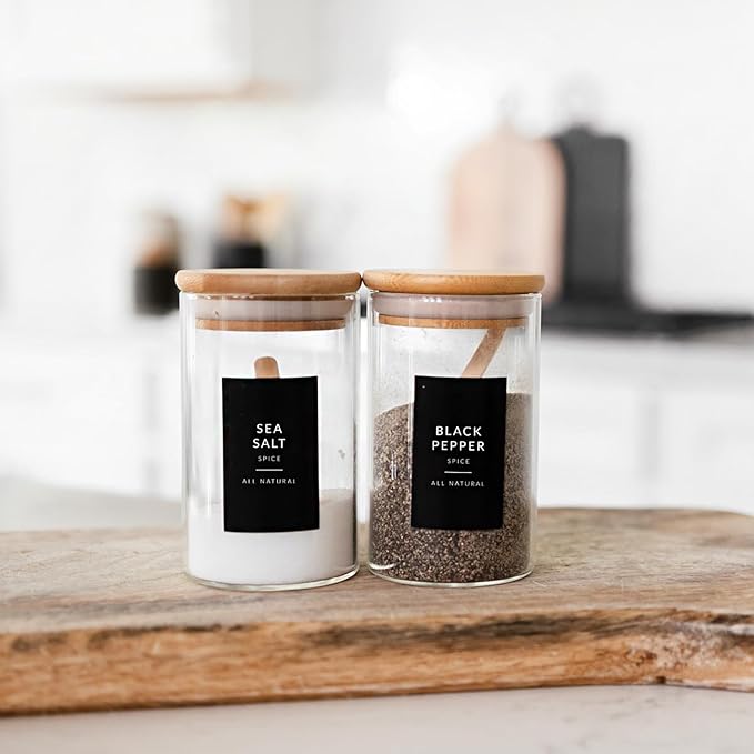 SAVVY & SORTED Black Spice Labels for Jars, 148 Preprinted Organizing Stickers Designed for Spices Storage Glass Bottles for Herbs Seasonings, Kitchen Pantry Organization