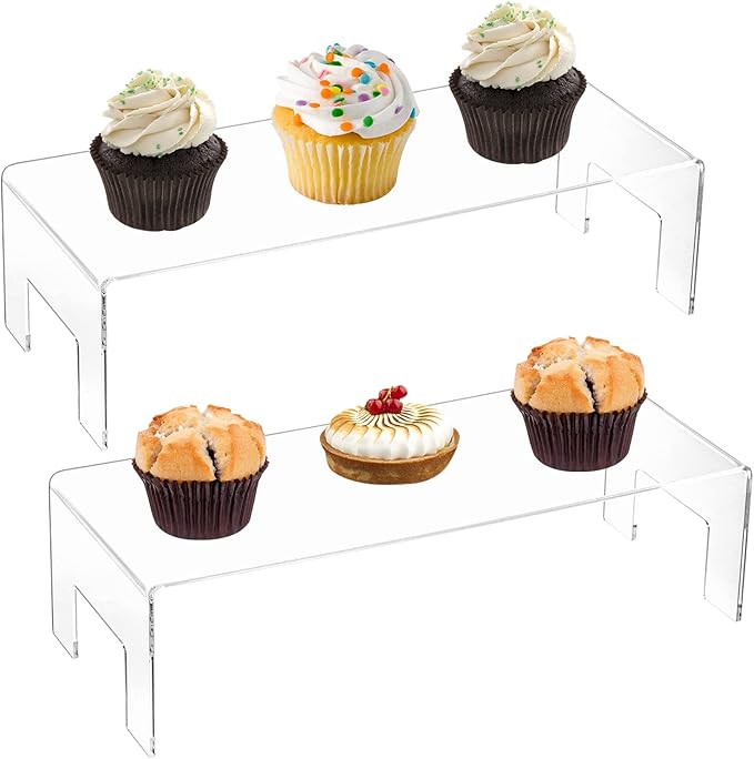 Frcctre 2 Pack Acrylic Display Risers, 5mm Thick Clear Small Display Risers Stand Acrylic Showcase Fixtures Shelf for Dessert Cupcake Figures Toys Cosmetics Perfume-12"x5"x3.3"