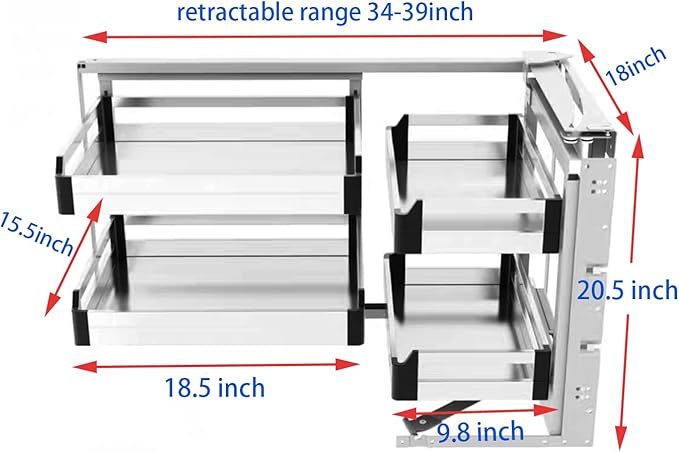 Gdrasuya10 2 Tier Blind Corner Cabinet Pull Out Organizer, 4 Shelf Corner Pull Out Cabinet Steel Slide Out Kitchen Cornér Cabinet Organizer Shelf for 15" Right Opening Door
