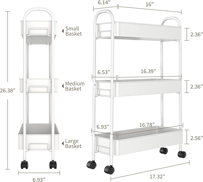 Slim Rolling Cart, Metal Frame Utility Rolling 3-Tier Narrow Storage Cart with Handle Kitchen Storage Organizer, Mobile Shelving Unit for Bathroom Kitchen