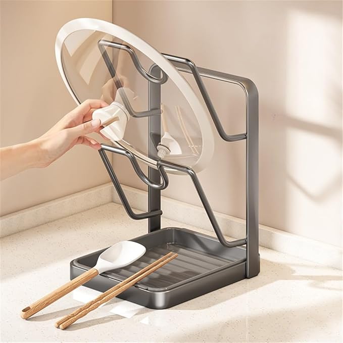 Kitchen Pot Lid Storage Rack with Spoon Rest and Rag Holder, Rust-Resistant Carbon Steel Lid Holder,Space-Saving Multifunctional Kitchen Organizer Stand For Pots, Pans(Grey)