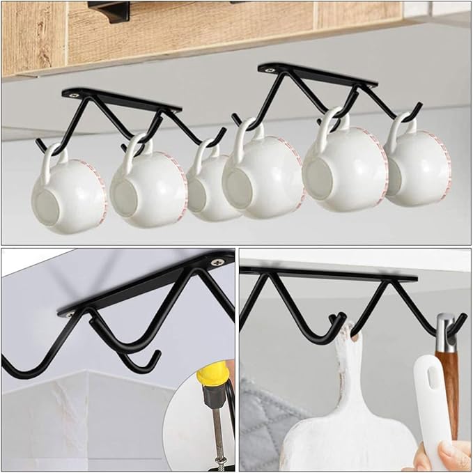 2 Set Under Cabinet Coffee Mug Holder Rack with Hooks Space-Saving Iron Cup Organizer for Kitchen Storage Draining Design for Clean Glass Cup Hanging and Multi-Purpose Use
