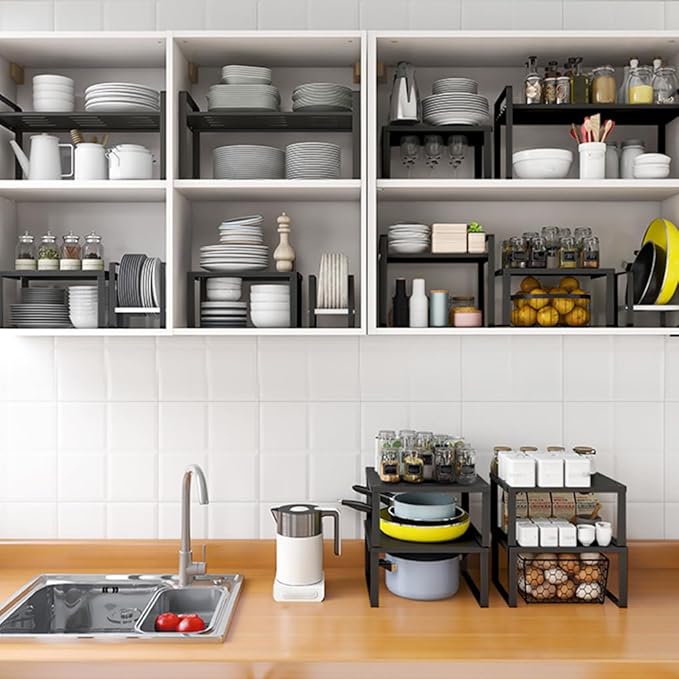 Stackable Cabinet Shelf Organizer Counter Storage Spice Rack Metal Space Saving for Kitchen Pantry Cupboard Countertop Bathroom Bedroom Under Sink Office, Black - Small