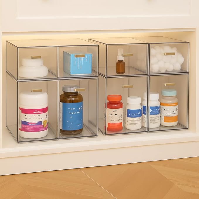 Clear Stackable Drawer Organizer, 4 Pack Acrylic Storage Drawers with Pull-Out Design, Space-Saving Organizer for Bathroom, Vanity, Kitchen & Office