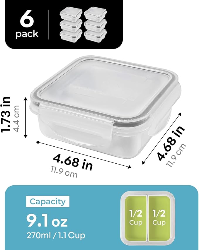 carrotez 2 Compartment Small Snack Containers, Mini Snack Containers for Mini Fridge, Small Divided Food Storage Containers, Airtight Lids, Reusable, 1.1 cup, 6 PACK
