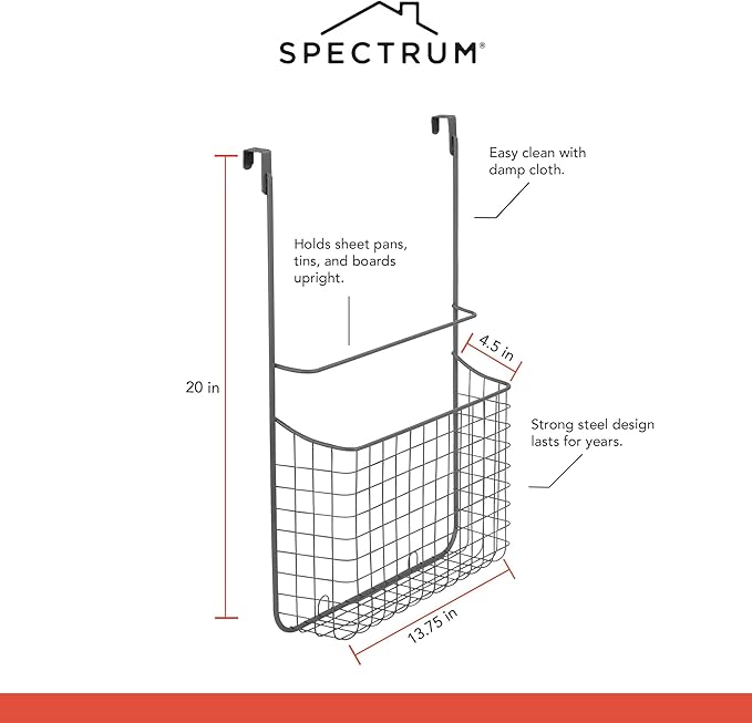 Spectrum Grid Cabinet Door Cutting Board Holder Over the Cabinet Door Metal Wire Kitchen Organizer for Cutting Boards Chopping Blocks Cookie Sheets Bakeware Storage Organization, Industrial Gray
