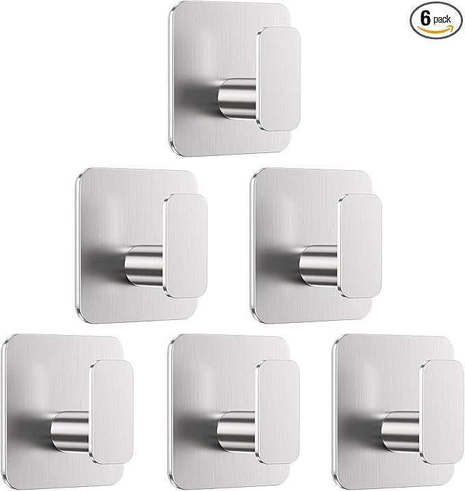 Aikzik Silver Hooks for Hanging Heavy Duty, Adhesive Hooks for Shower, Bathroom, Kitchen, Robe, Towel, Coat, Waterproof & Rustproof Hook for Walls No Damage, Sticky Wall Towel Hooks - 6 Pack