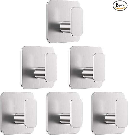 Aikzik Silver Hooks for Hanging Heavy Duty, Adhesive Hooks for Shower, Bathroom, Kitchen, Robe, Towel, Coat, Waterproof & Rustproof Hook for Walls No Damage, Sticky Wall Towel Hooks - 6 Pack
