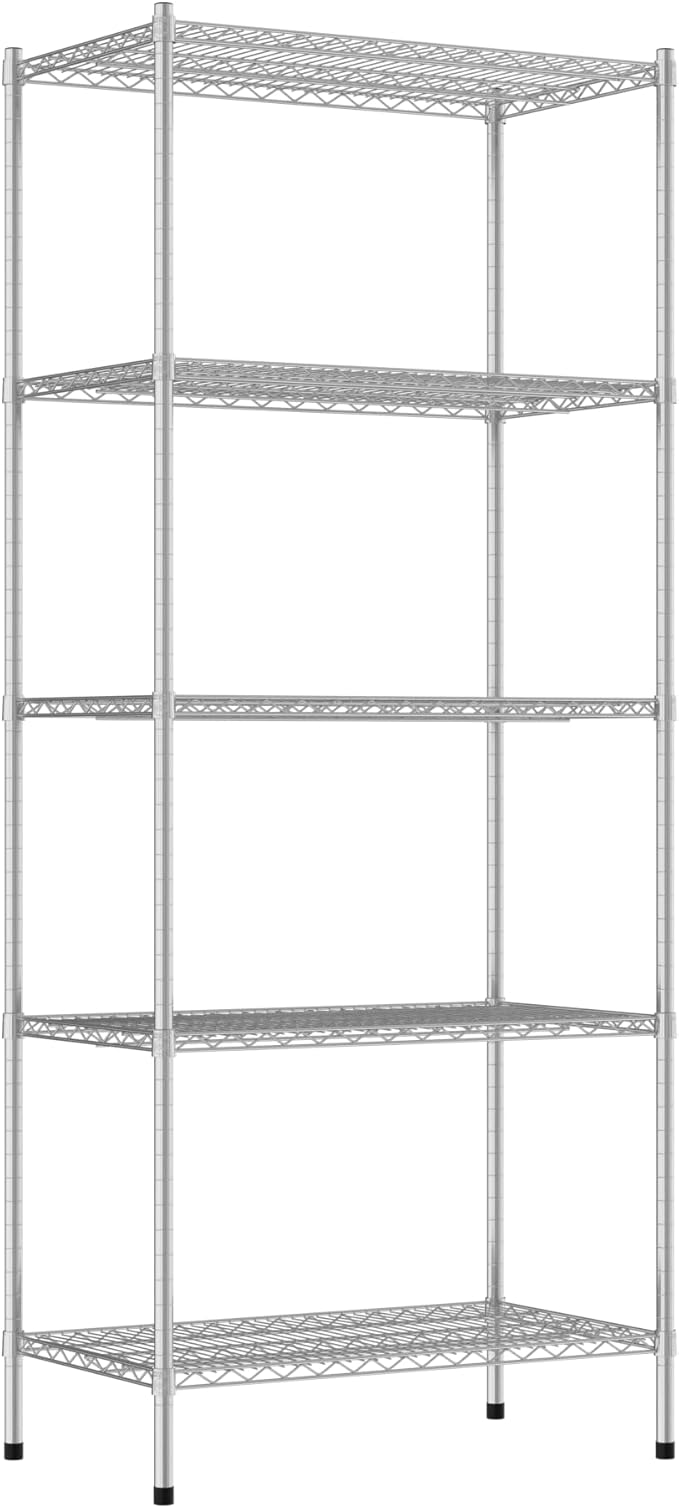 Commercial NSF Listed Chrome Stationary Wire Shelving Kit 21" x 36" x 86", with 5 Shelves Perfect for Warehouse, Walk-in Refrigerator, Freezer, Grocery Store, Restaurant, Dishroom