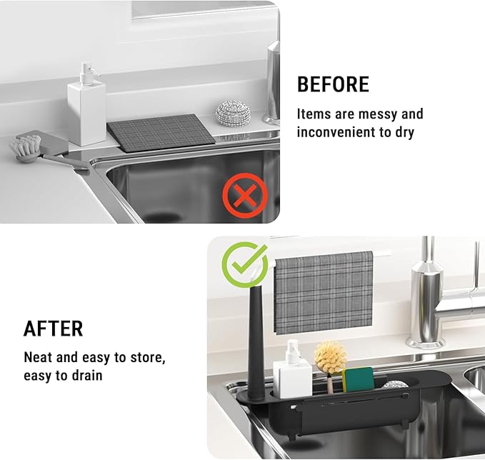 Telescopic Kitchen Over Sink Organizer with Towel Hanger, 2-in-1 Retractable Sink Drainer with Bracket and Crossbar Adjustable Expandable Sink Caddy Large Capacity for Kitchen Sink(Black)