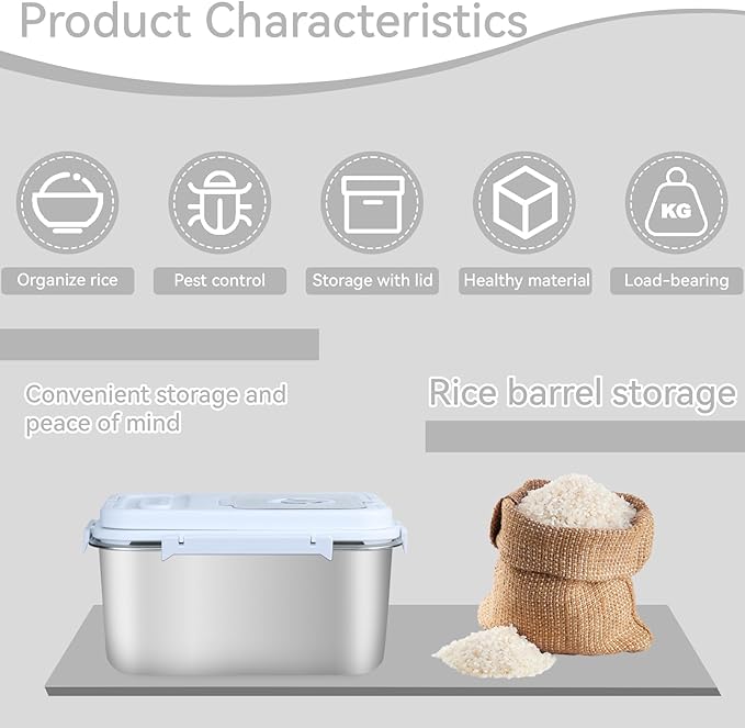 Airtight Stainless Steel Food Storage Container 20lb - Kitchen & Pantry Canister for Rice, Flour, Sugar, Baking Supplies with Measuring Cup & Spoon (Silver)