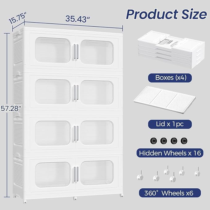 QAVABIN 200GAL Extra Large Storage Bins with Lid, 800QT Storage Bins with Wheels, Folding Closet Organizer, Stackable Collapsible Plastic Storage Containers for Home, Office, Kitchen, 4Pack White