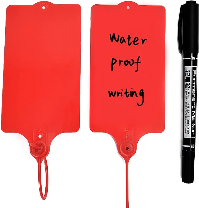 LeadSeals 100 Plastic Shipping Tags - Waterproof, Writable, Hanging Tags with One Red Marker Pen