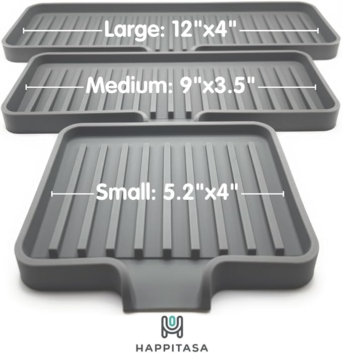 Happitasa Silicone Soap Dish Tray and Sponge Holder with Drain Chute | Bathroom and Kitchen Sink Organizer Caddy (Grey, 12"x4", 7.4 Ounces)