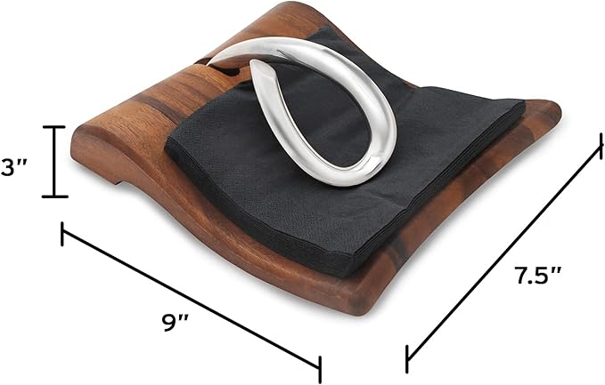 Nambé Breeze Napkin Holder – Decorative Acacia Wood & Stainless Steel Tabletop Organizer for Dining, Kitchen, Outdoor Meals & Gatherings – Sleek Modern Napkin Dispenser for Home Use