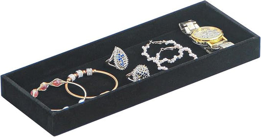 Divided Drawer Organizer Tray, Velvet Jewelry Storage Tray, Necklace Bracelet Ring Earring Display Tray,Bedside Nightstand Desk Holder Tray for Phone Watch Sunglasses Cosmetics Storage/Black/1grid