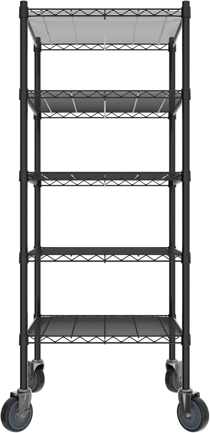 Commercial NSF Listed Black Epoxy Mobile Wire Shelving Kit 24" x 24" x 60", with 5 Shelves Perfect for Warehouse, Walk-in Refrigerator, Freezer, Grocery Store, Restaurant, Dishroom