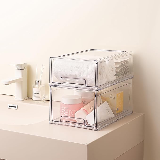 6 Pack Stackable Pull-Out Storage Drawers,Plastic Clear Organizer Bins with Handles,Easily Clean for Craft,and Toy Organization,Kitchen,Undersink,Cabinet,Fridge,Closet,Pantry,Office,Bathroom