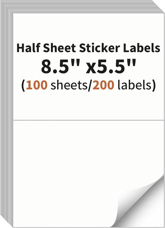 Half Sheet Labels, 2 per Sheet, 100 Sheets, 200 Labels, 8.5" x 5.5" Shipping Labels Paper, Address Sticker Laser & Inkjet Printer Label Stickers, 5 1/2" x 8 1/2" Half Sheet Labels