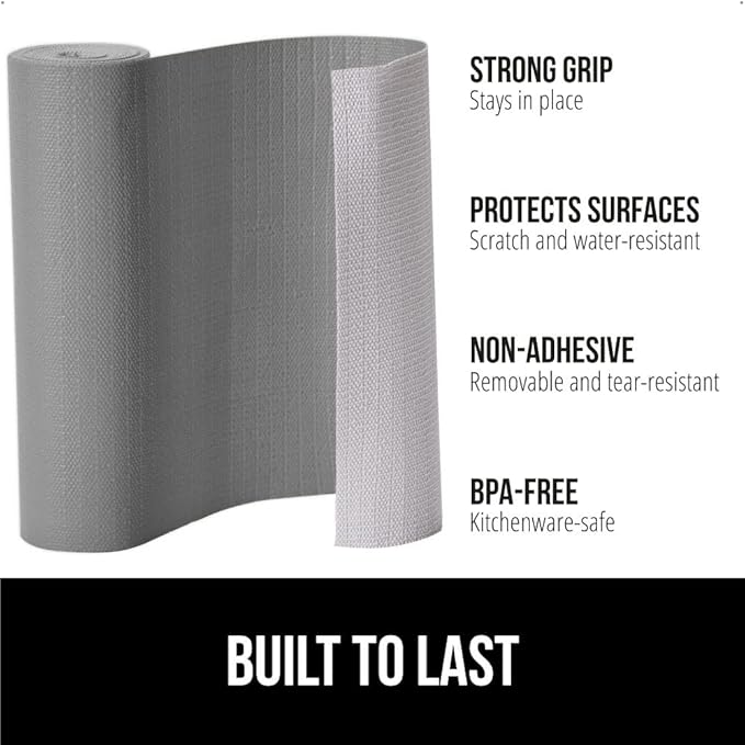 GORILLA GRIP DripGuard Shelf Liner, Non Adhesive Drawer and Kitchen Cabinet Protector, 20x240 Inch, Slip Resistant BPA Free Smooth Surface Plastic Liners for Cabinets, Bathrooms, Closets, Gray