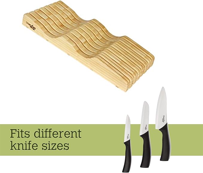 Shenzhen Knives Large In-Drawer Bamboo Knife Block: 11 Slot (Holds 10-12 Knives) Empty Wooden Knife Holder for Kitchen Drawers - Cutlery Tray Organizer & Storage