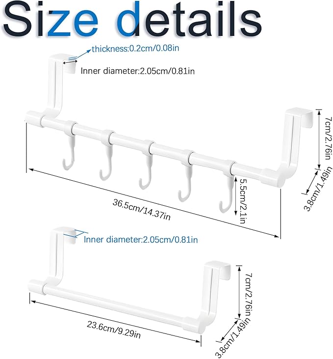2Sets Towel Holder, Over Cabinet Door Towel Rack with Hooks, Multi-Purpose Kitchen Towels Rack and Hanger Organizer for Sink Bathroom Pantry Door (White)