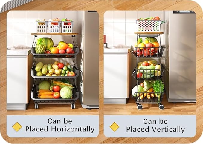 Metal Wire Baskets with Wheels, Stackable Storage Organizer for Kitchen, Bathroom, Office, Fruit & Vegetable Cart, Tableware Rack with Wooden Top
