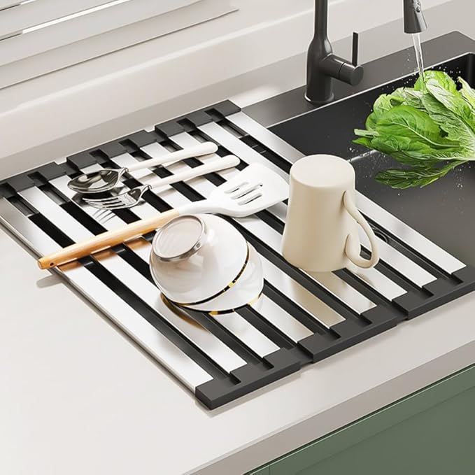 Roll Up Dish Drying Rack, Over Sink Stainless Steel Rack,Foldable Kitchen Sink Mat,Kitchen Sink Drain Rack Dish Storage Rack (17.72" H x 12.8" W)