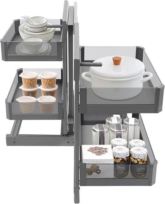2-Tier Blind Corner Pull Out Organizer, 25Inch Corner Blind Pull-Out Storage Shelf Heavy Duty Kitchen Organization Metal&Tempered Glass Pull-Out Cabinet with 4 Basket for Kitchen Home Restaurant