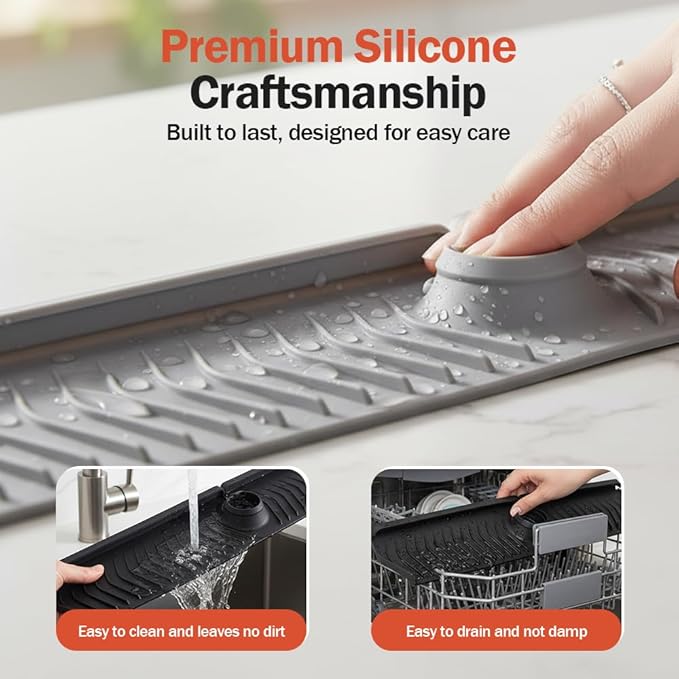 Foldable Kitchen Sink Faucet Mat, 76CM Thickened Faucet Mat for Kitchen Sink, Multi-Purpose Splash Guard & Drying Pad with Adjustable Holes & Snap Lock (Grey)