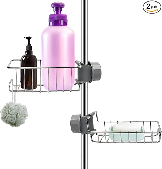 Bathroom Shower Caddy No Drill, 2 Pack Shampoo Soap Holders Stainless Steel Fauce Rack Kitchen Sink Organizer Bathroom Tidy Accessories Rust Free Storage Shelf for 18-25mm Pole
