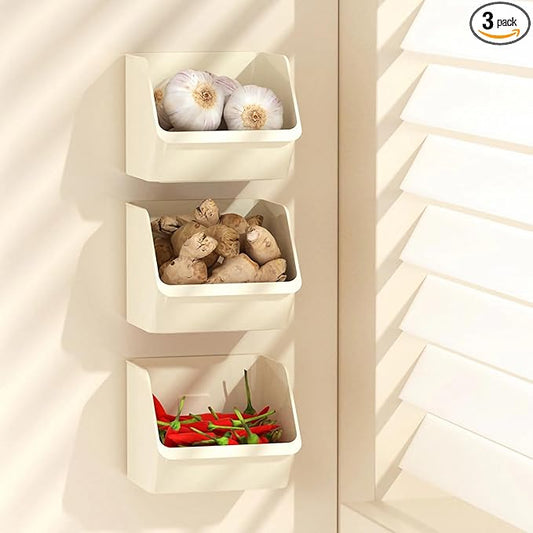 3-Pack Small Beige Storage Baskets, Plastic Storage Bins Kitchen Wall Organizer and Acrylic Shelves, Spice Organizer, Adhesive Spice Rack Wall Mount for Countertop/Cabinet/Bathroom