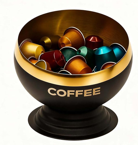 Coffee Pod Holder, Black & Gold Metal Coffee Pod Storage, Capsule Container Bowl, Coffee Pod Organizer for Kitchen Counter and Office Desktop (Black+Gold)