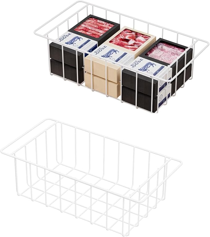 lonpute 17.5'' Chest Freezer Organizer Basket, Sturdy Metal Wire Pantry Freezer Baskets, Deep Freezer Basket Storage Rack Bins, White, Set of 2