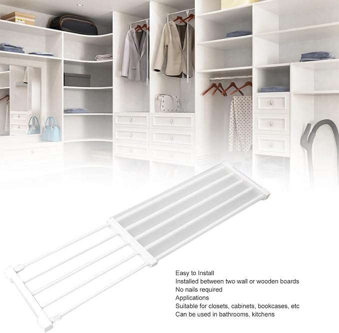 Closet Tension Shelf, Rod Expandable Storage Rack Adjustable Organizer Divider Separator Wardrobe Cupboard Hanging Shelves Pack No Slip Grip Cabinets Inside Capacity (75‑120cm /