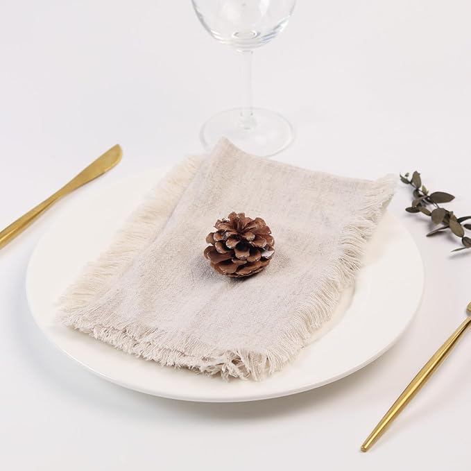 Handmade Cloth Napkins with Fringe,18 x 18 Inches Cotton Linen Napkins Set of 12 Versatile Handmade Square Rustic Fringe Napkins for Dinner, Wedding and Parties, Natural Linen