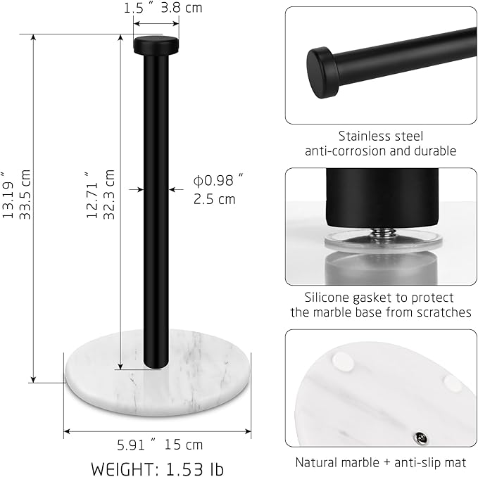 Paper Towel Holder Countertop with Weighted White Marble Base - Modern Free Standing Paper Roll Holder, Matte Black Stainless Steel Stand Paper Towel Holder for Kitchen and Bathroom