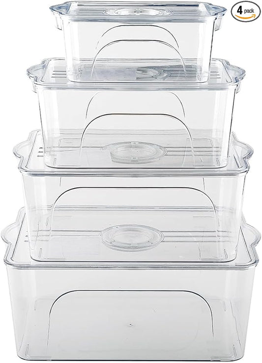 Food Storage Containers with Lids - Clear Plastic Stackable Storage Bins with Date Recorder for Fridge, Freezer, Kitchen Cabinet, Pantry Organization(Set of 4)