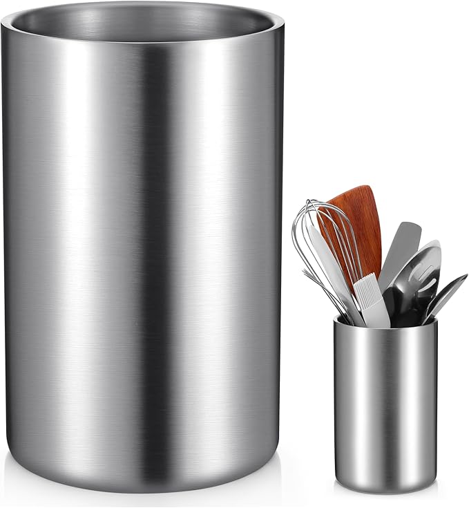 Cooking Utensil Holder for Kitchen Counter 4.7 x 7.5 inch Stainless Steel Sleek Kitchen Utensil Holder for Countertop Spatula Spoon Caddy Organizer, Silver
