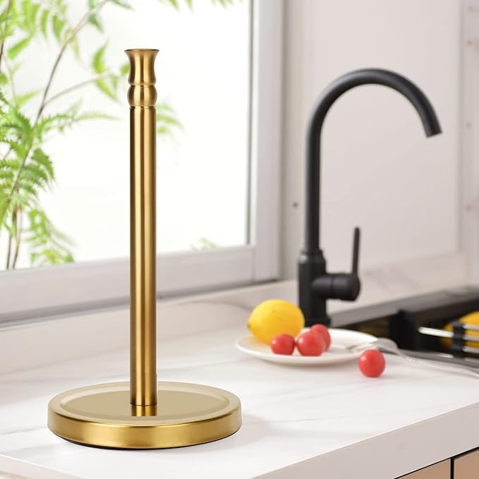 Gold Paper Towel Holder Stand, One-Handed Ripping Paper Towel Roll Holder Countertop, Stainless Steel Base Rust-Proof, NOT Tip Over
