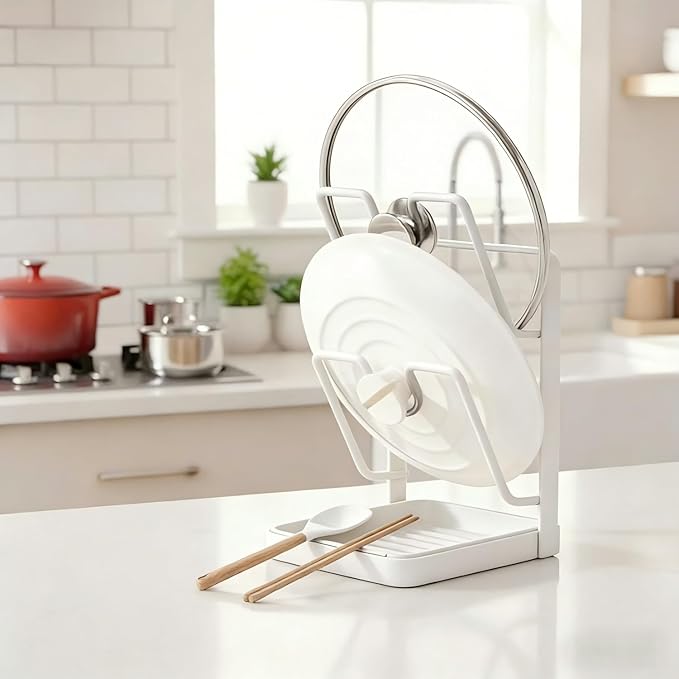 Pot Lid Organizer, Pot Lid Holder, Kitchen Pots Lids Storage Rack, Pots Cover Holder Rack, Pan Lids Holders While Cooking, For Various Lids and Utensils, With Removable Drip Tray (White-A)
