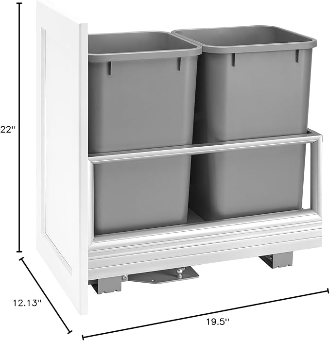 Rev-A-Shelf Double 27 Quart Pull Out Trash Can for Base Kitchen Cabinets, Storage Garage Bin on Wire Basket with Soft Close, Silver, 5149-1527DM-217