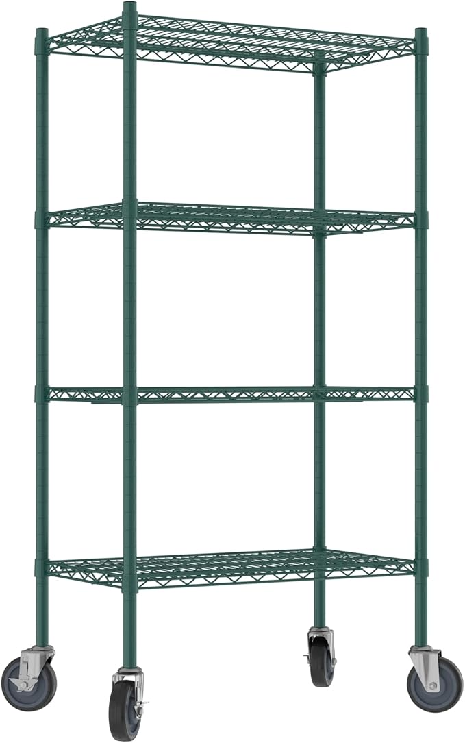 Commercial NSF Listed Green Epoxy Mobile Wire Shelving Kit 18" x 30" x 60", with 4 Shelves Perfect for Warehouse, Walk-in Refrigerator, Freezer, Grocery Store, Restaurant, Dishroom
